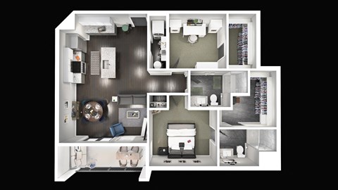 Floor plan for 1 bed, 2 baths, 1031 sqft